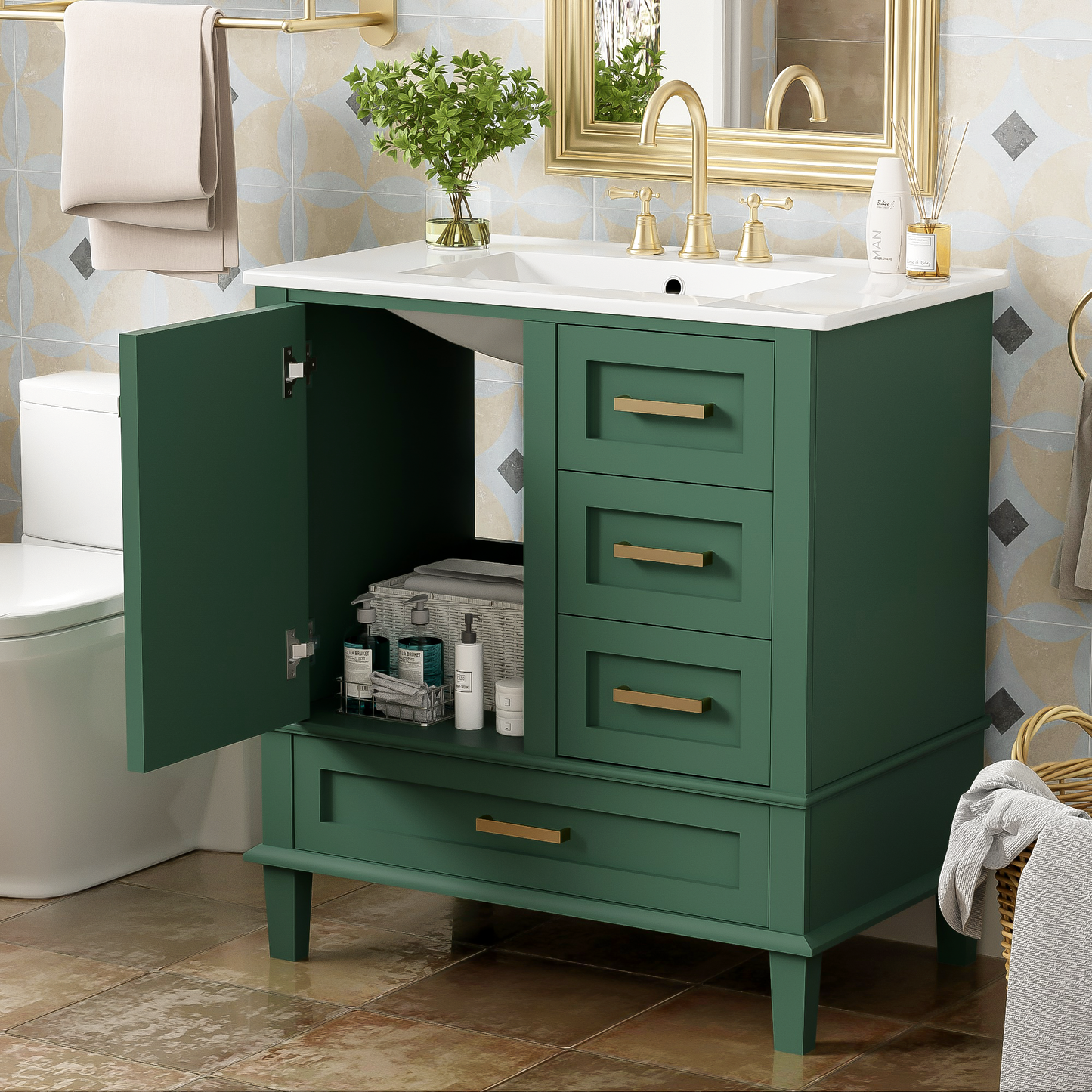 Dexmalle 30-in Green Freestanding Single Sink Bathroom Vanity With White Ceramic Top and Drawers
