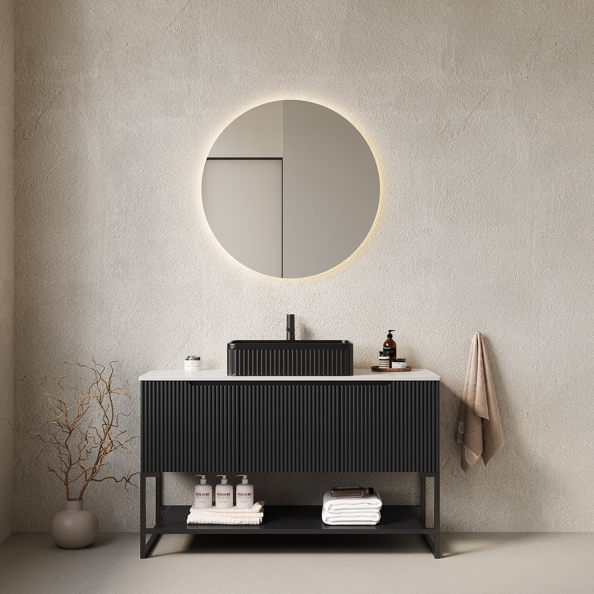 Dexmalle 48" Bathroom Vanity&Sink, Freestanding Bathroom Storage Cabinet with 3 Doors and Open Shelf, Black Rectangular Ceramic Basin