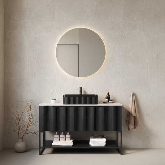 Dexmalle 48" Bathroom Vanity&Sink, Freestanding Bathroom Storage Cabinet with 3 Doors and Open Shelf, Black Rectangular Ceramic Basin