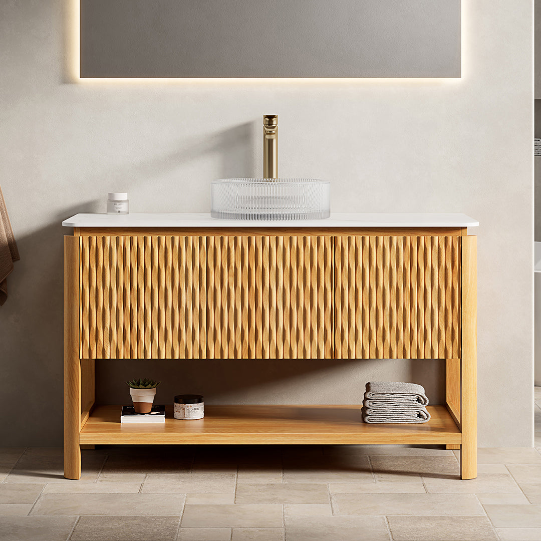 Dexmalle 30" Bathroom Vanity&Sink, Freestanding Plywood Bathroom Storage Cabinet with 2 Bamboo Texture Doors&Open Shelf