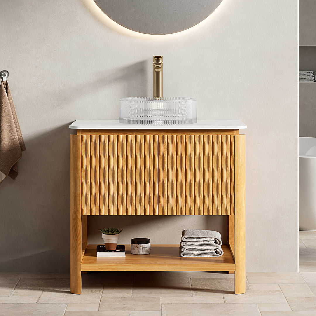Dexmalle 30" Bathroom Vanity&Sink, Freestanding Plywood Bathroom Storage Cabinet with 2 Bamboo Texture Doors&Open Shelf