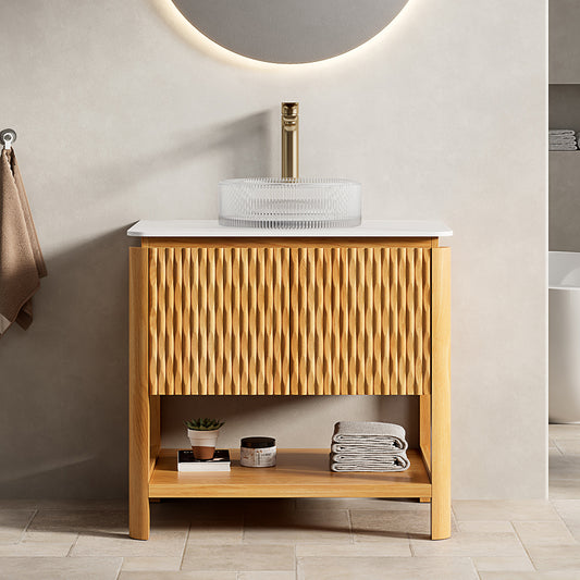 Dexmalle 30" Bathroom Vanity&Sink, Freestanding Plywood Bathroom Storage Cabinet with 2 Bamboo Texture Doors&Open Shelf