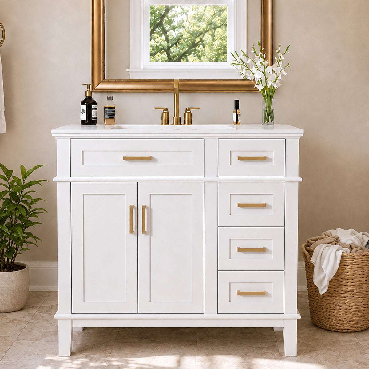Dexmalle 36" White Modern Bathroom Vanity with Ceramic Sink