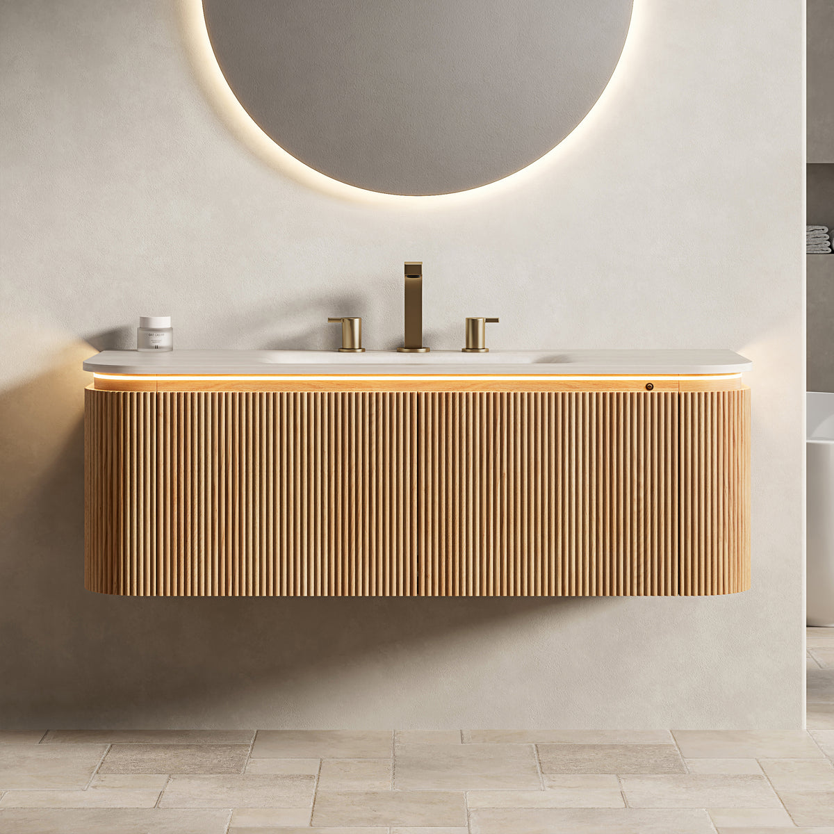 Dexmalle 36'' Bathroom Vanity&Sink,Travertine-Pattern Sintered Stone Hot-bent Integrated Basin, Pre-assembled, Natural Woodgrain Color
