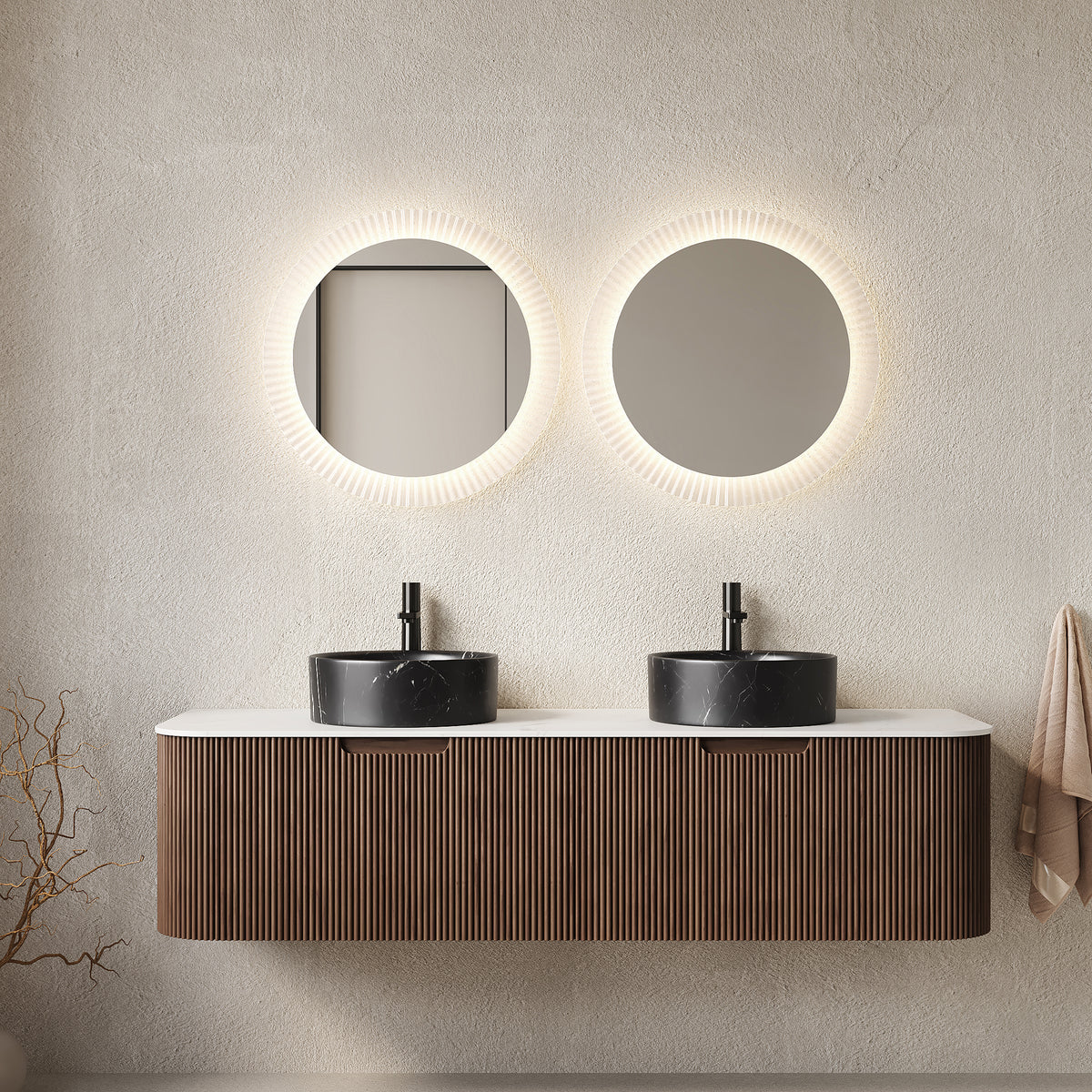 Dexmalle 60" Bathroom Vanity&Sinks, Floating Curved Edges Striped Storage Cabinet with 2 Drawers, 2 Stone Black Round Ceramic Basins