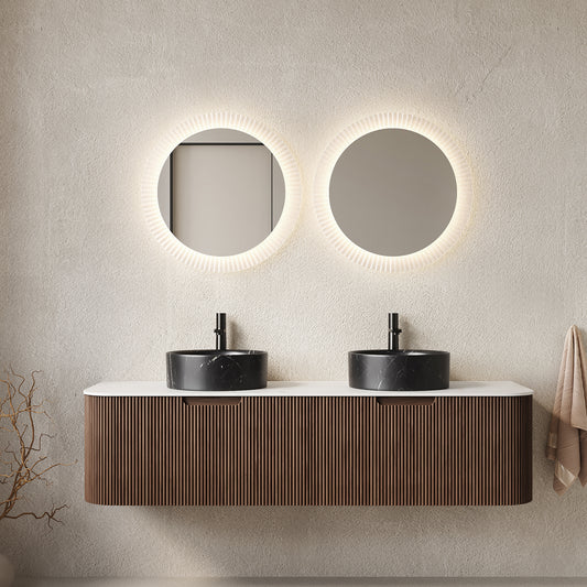 Dexmalle 60" Bathroom Vanity&Sinks, Floating Curved Edges Striped Storage Cabinet with 2 Drawers, 2 Stone Black Round Ceramic Basins