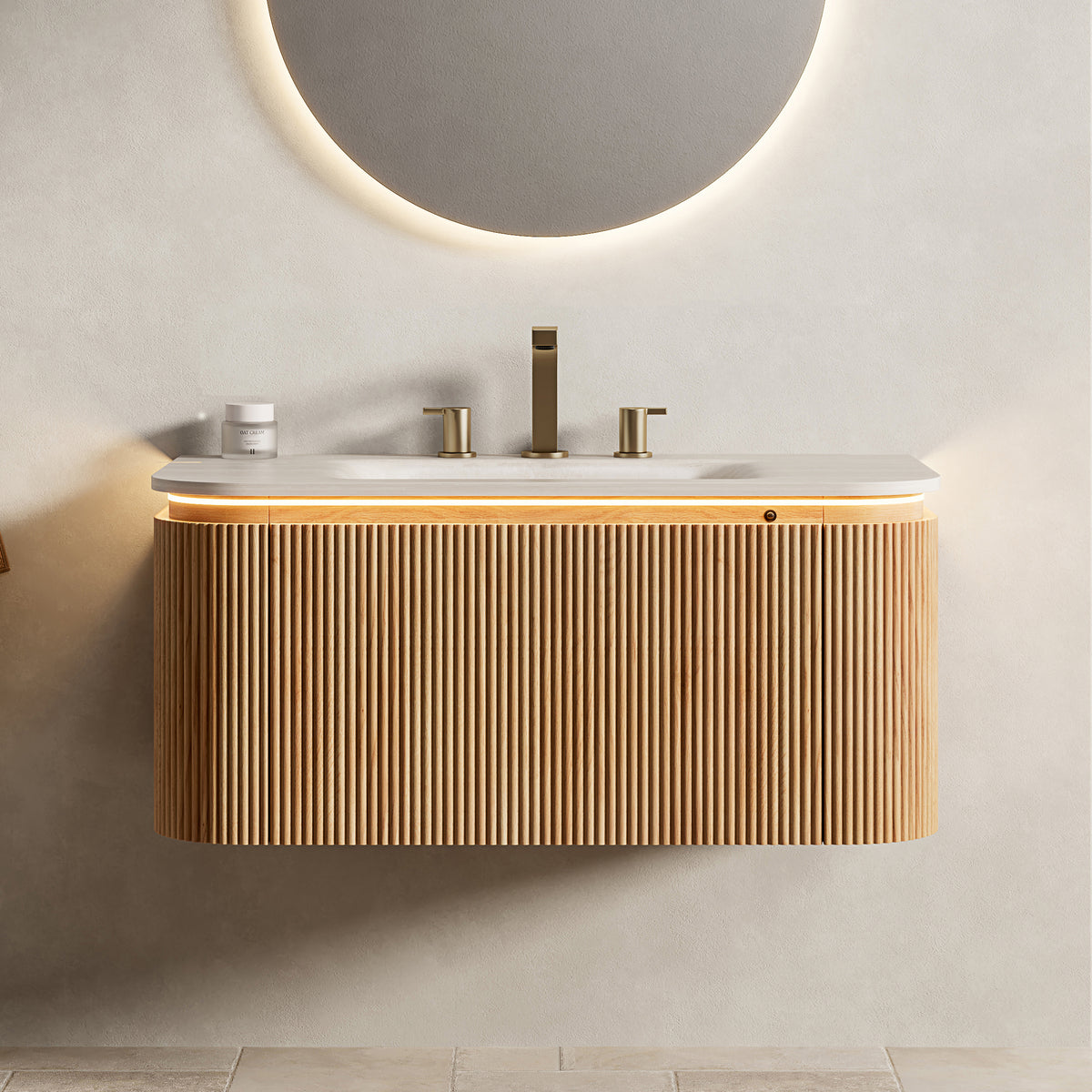 Dexmalle 36'' Bathroom Vanity&Sink,Travertine-Pattern Sintered Stone Hot-bent Integrated Basin, Pre-assembled, Natural Woodgrain Color