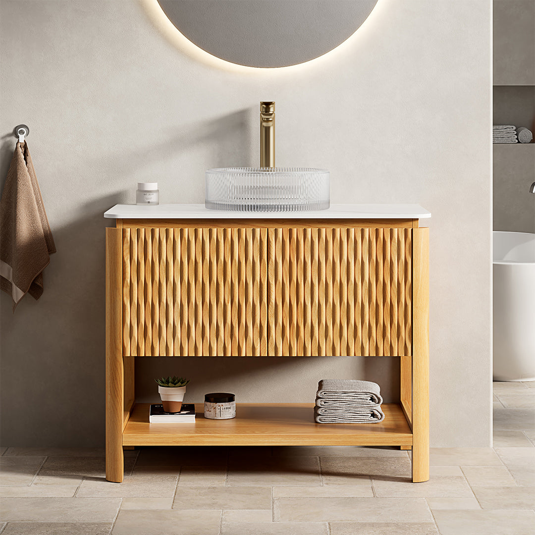 Dexmalle 30" Bathroom Vanity&Sink, Freestanding Plywood Bathroom Storage Cabinet with 2 Bamboo Texture Doors&Open Shelf