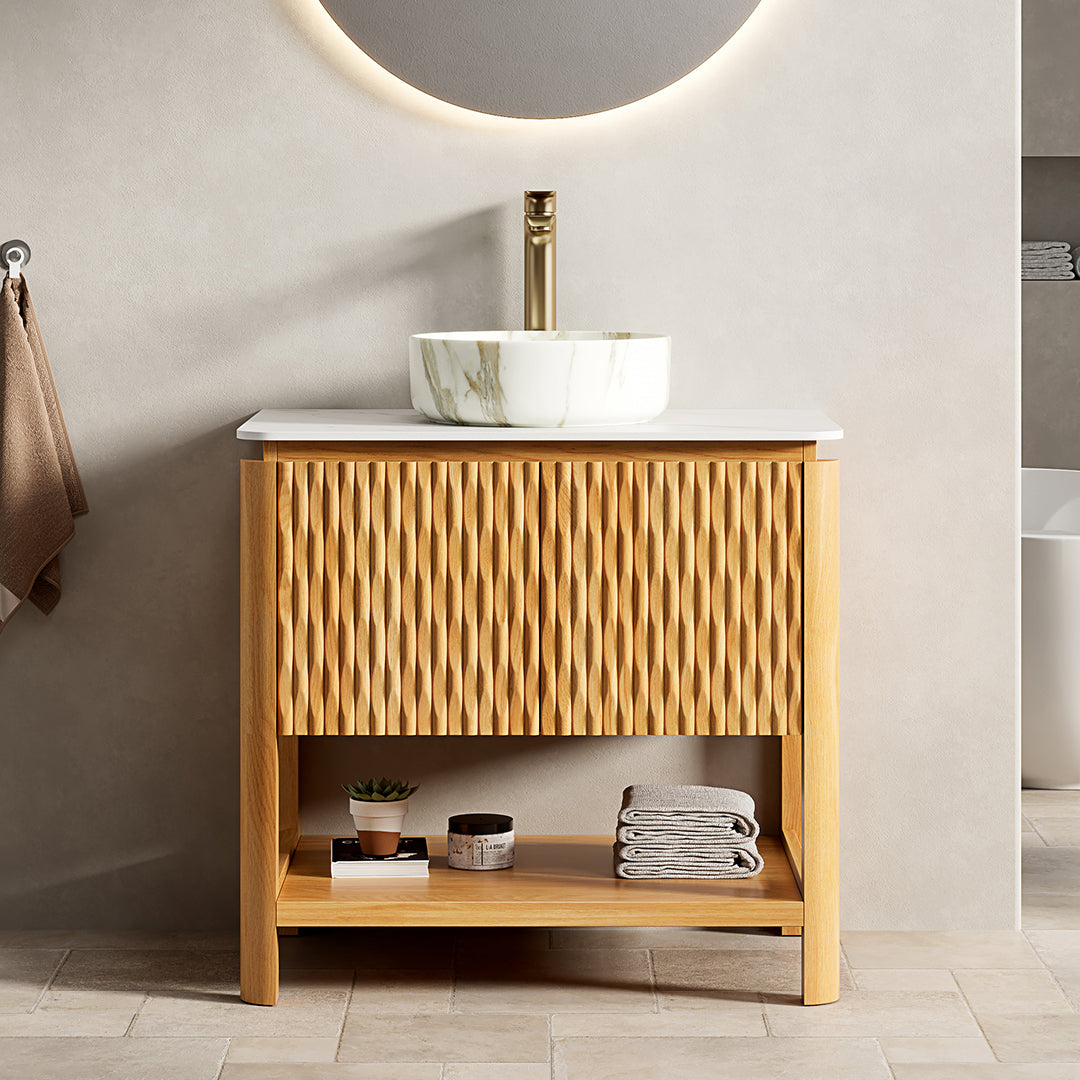 Dexmalle 30" Bathroom Vanity&Sink, Freestanding Plywood Storage Cabinet with 2 Bamboo Texture Doors&Open Shelf