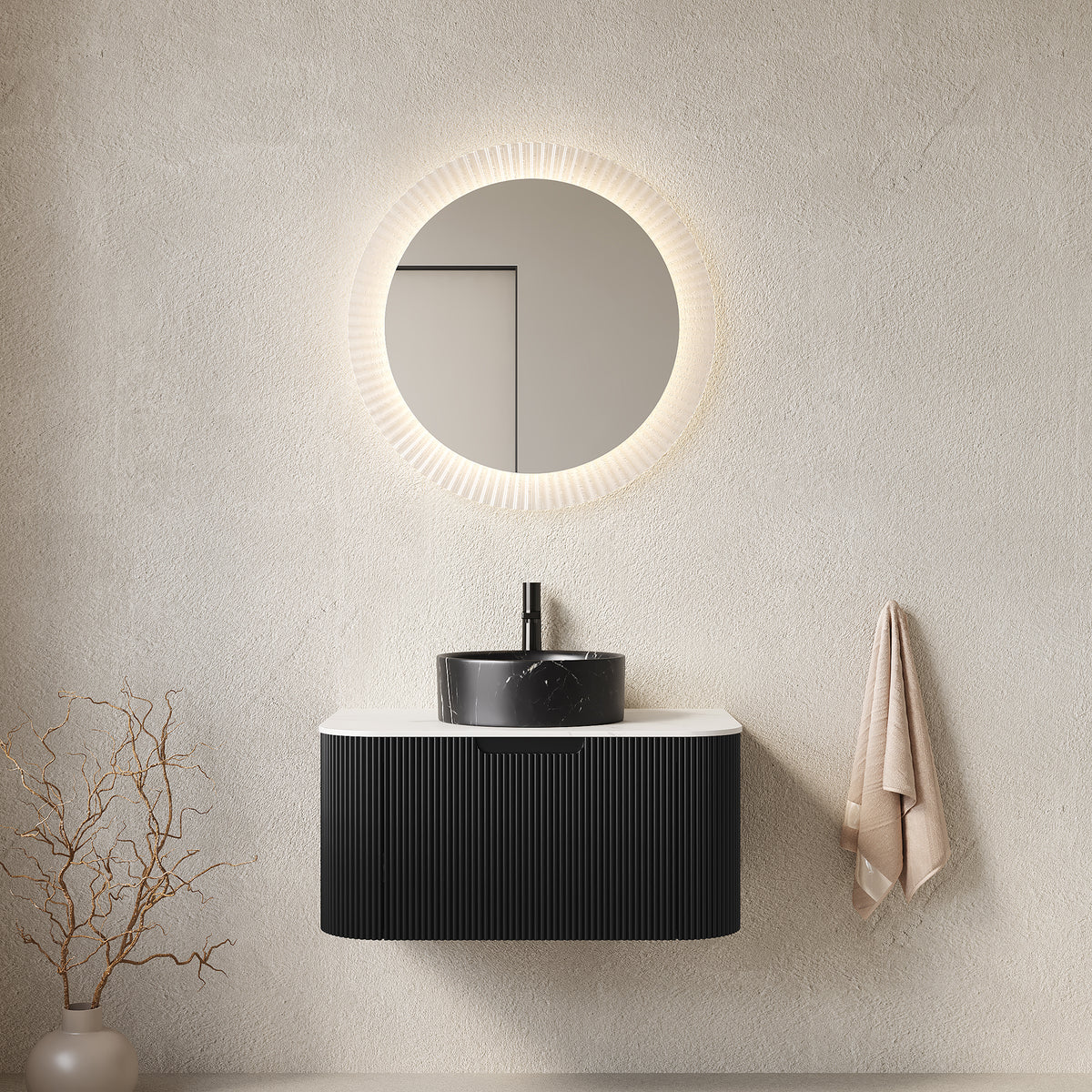 Dexmalle 30" Bathroom Vanity&Sink, Floating Curved Edges Striped Storage Cabinet with Drawer, Stone Black Round Ceramic Basin