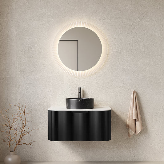 Dexmalle 30" Bathroom Vanity&Sink, Floating Curved Edges Striped Storage Cabinet with Drawer, Stone Black Round Ceramic Basin