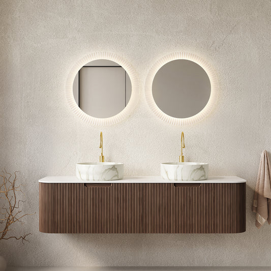 Dexmalle 60" Bathroom Vanity&Sinks, Floating Curved Edges Striped Storage Cabinet with 2 Drawers,Pre-assemble, Dark Walnut Woodgrain