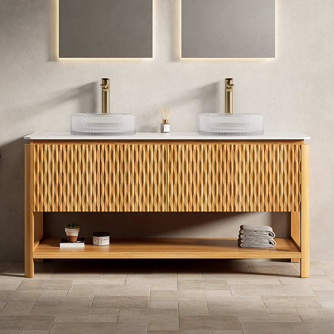 Dexmalle 30" Bathroom Vanity&Sink, Freestanding Plywood Bathroom Storage Cabinet with 2 Bamboo Texture Doors&Open Shelf