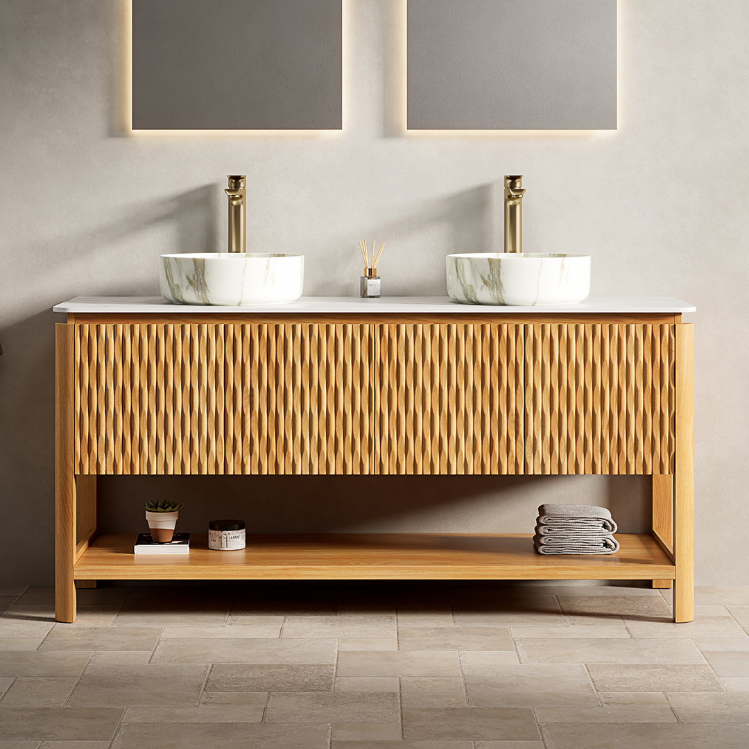 Dexmalle 60" Bathroom Vanity&Sinks,Freestanding Plywood Storage Cabinet with 4 Bamboo Texture Doors&Open Shelf