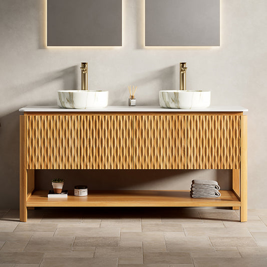 Dexmalle 60" Bathroom Vanity&Sinks,Freestanding Plywood Storage Cabinet with 4 Bamboo Texture Doors&Open Shelf