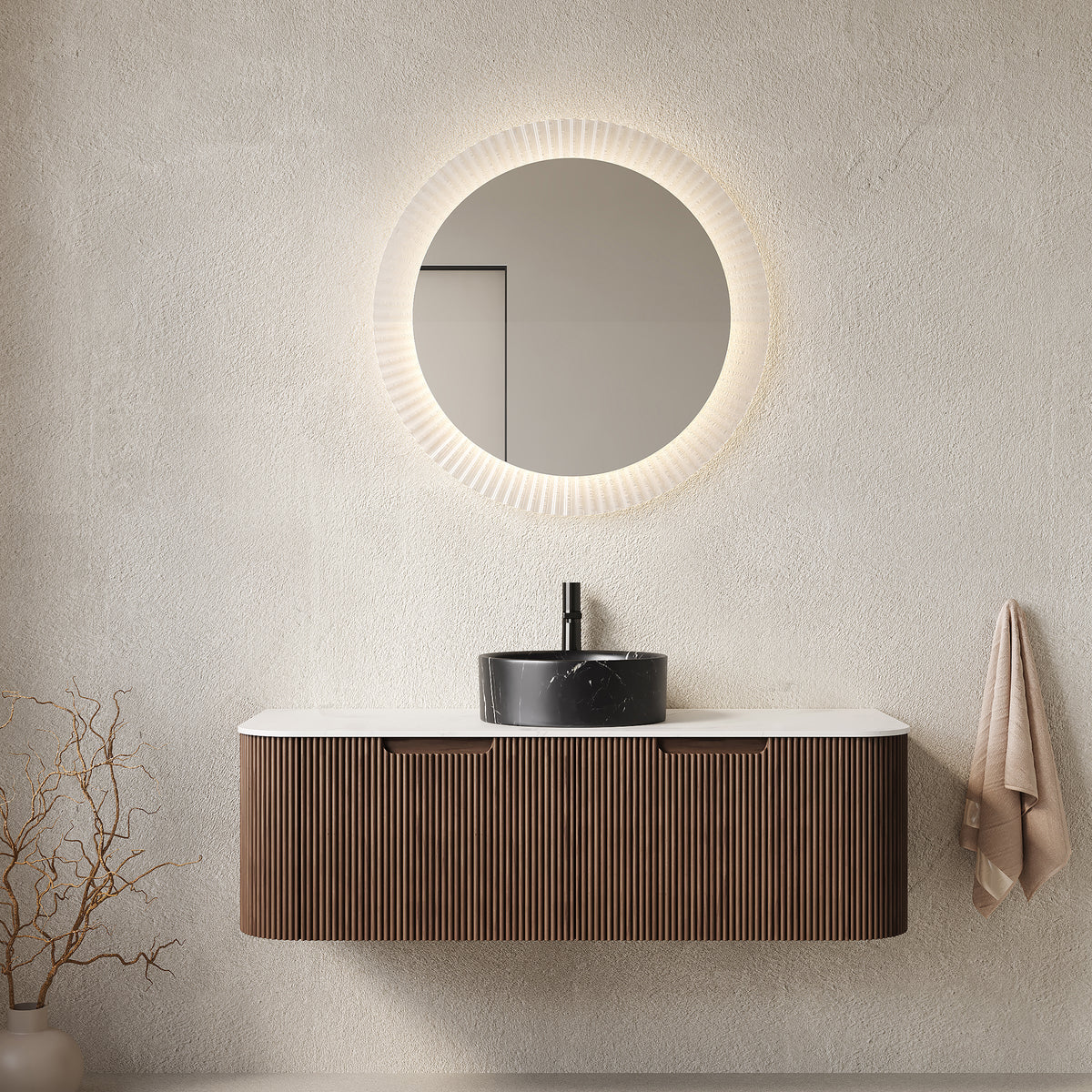 Dexmalle 48" Bathroom Vanity&Sink, Floating Curved Edges Stripe Storage Cabinet with 2 Drawers, Stone White Round Ceramic Basin