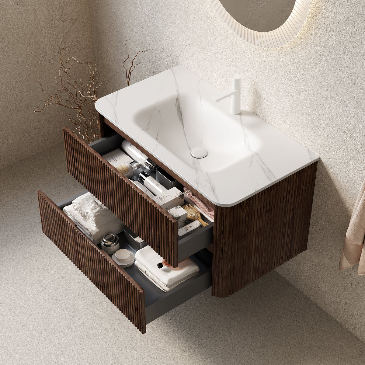 Dexmalle 36" Bathroom Vanity&Sink, Floating Stripe Plywood Storage Cabinet with 2 Drawers, Carrara White Sintered Stone