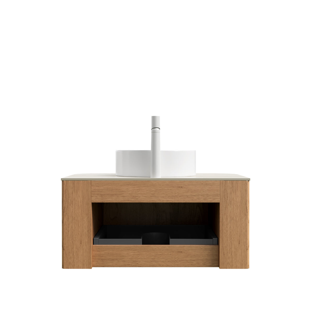 Dexmalle 30" Bathroom Vanity&Sink, Floating Curved Edge Striped Plywood Storage Cabinet with Drawer, White Round Ceramic Basin