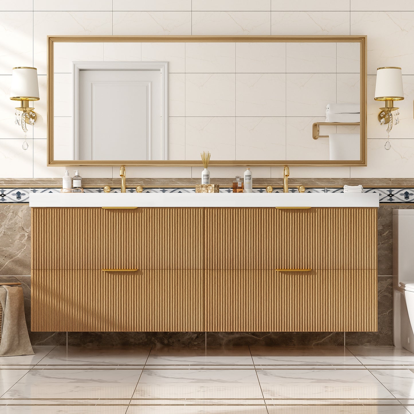 Dexmalle 60-in Brown Wall-Mounted Double Sink Bathroom Vanity With White SMC Top and Four Drawers
