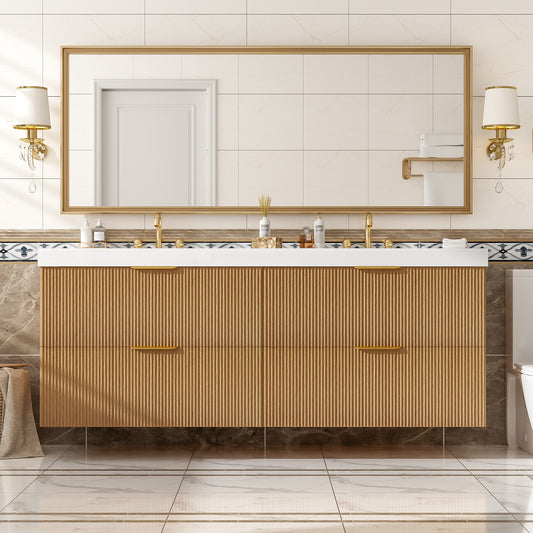 Dexmalle 60-in Brown Wall-Mounted Double Sink Bathroom Vanity With White SMC Top and Four Drawers