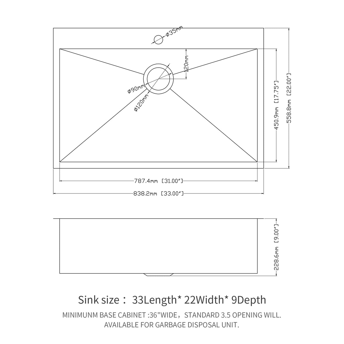 Dexmalle 33 x 22 x 9 inch Kitchen Sink Drop