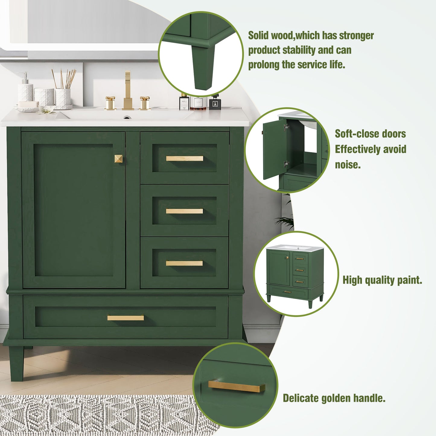 Dexmalle 30-in Green Freestanding Single Sink Bathroom Vanity With White Ceramic Top and Drawers