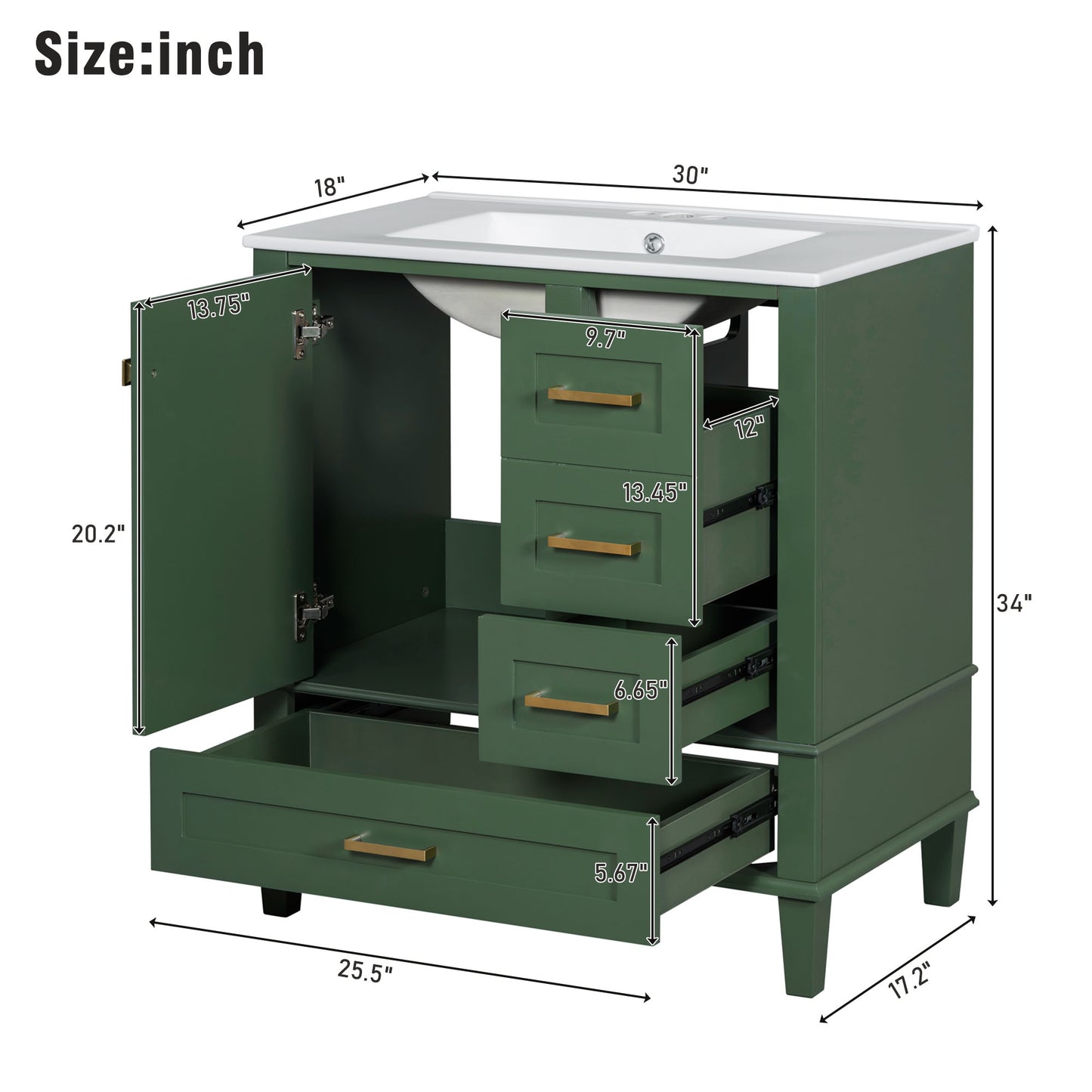 Dexmalle 30-in Green Freestanding Single Sink Bathroom Vanity With White Ceramic Top and Drawers