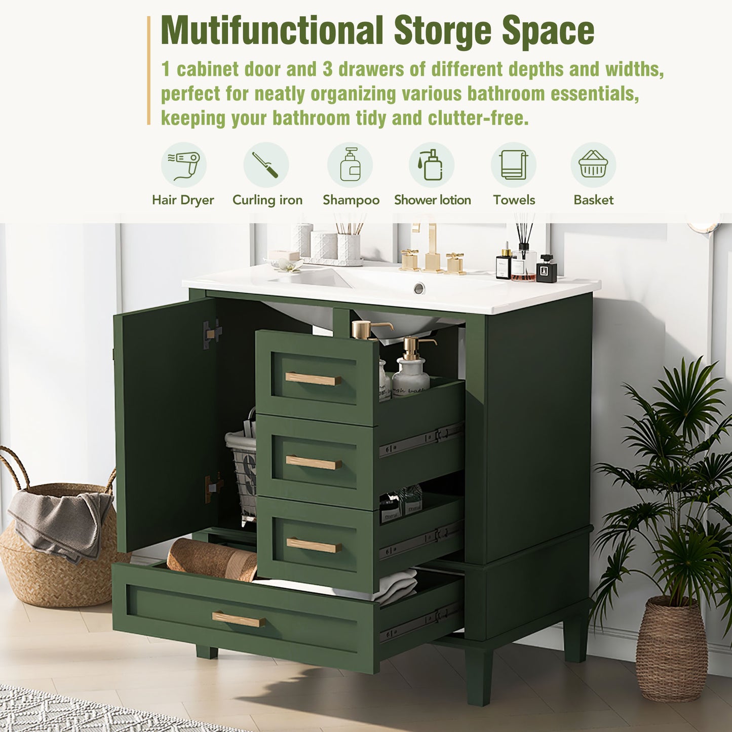 Dexmalle 30-in Green Freestanding Single Sink Bathroom Vanity With White Ceramic Top and Drawers