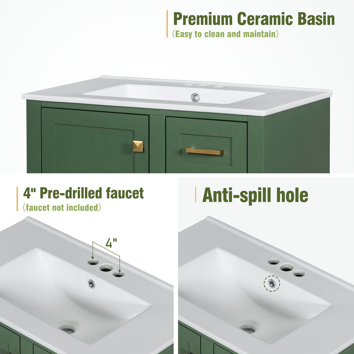 Dexmalle 30-in Green Freestanding Single Sink Bathroom Vanity With White Ceramic Top and Drawers
