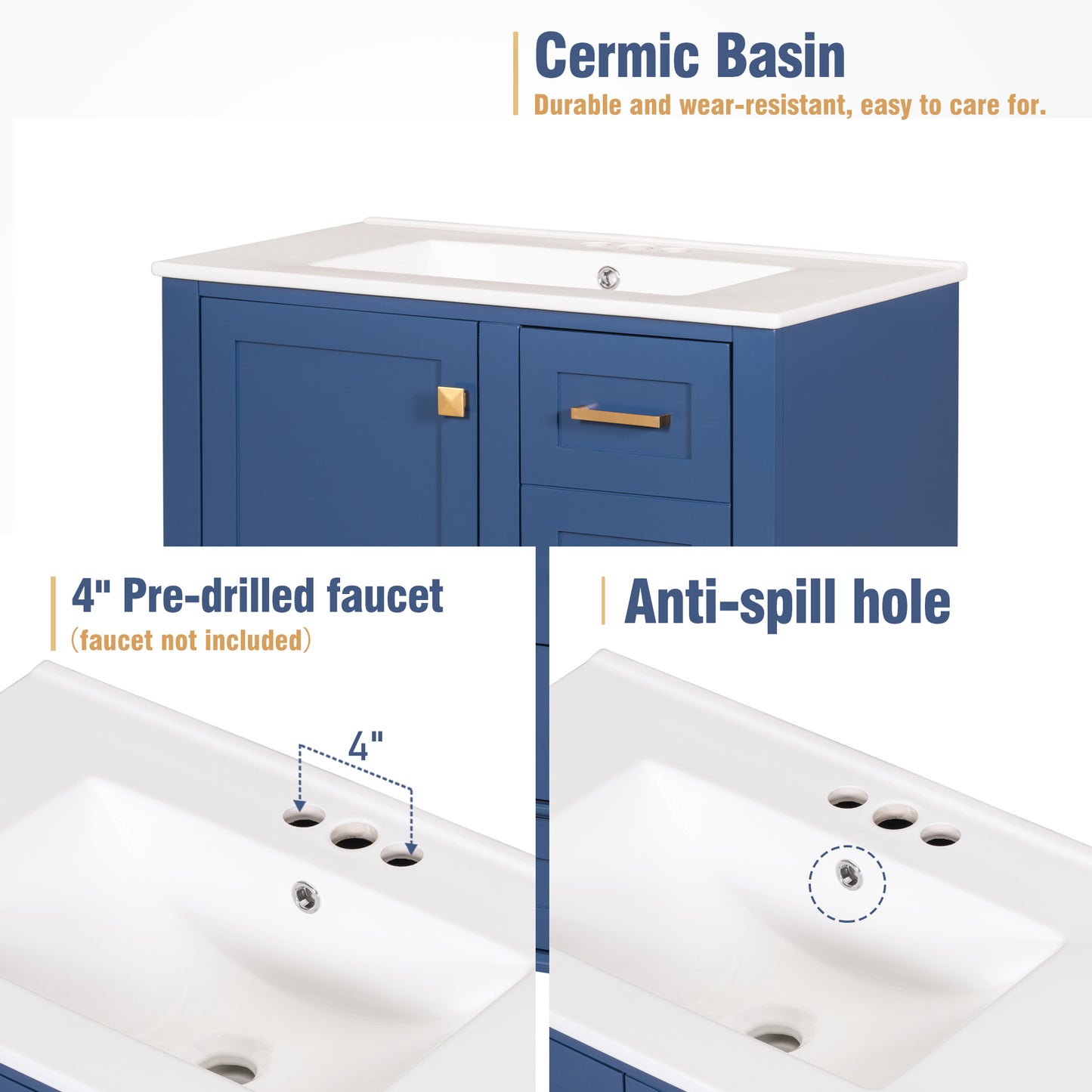 Dexmalle 30-in Blue Freestanding Single Sink Bathroom Vanity With White Ceramic Top and Three Drawers