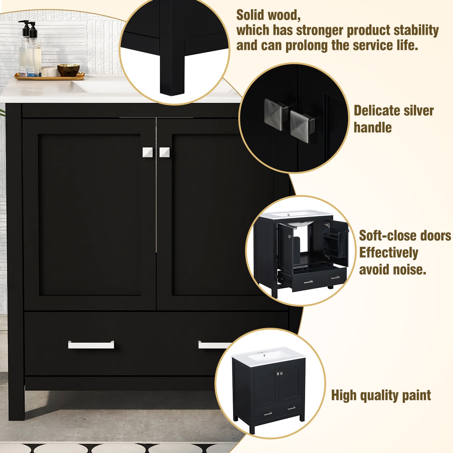 Dexmalle 30-in Black Undermount Single Sink Bathroom Vanity With White Ceramic Top and Drawer