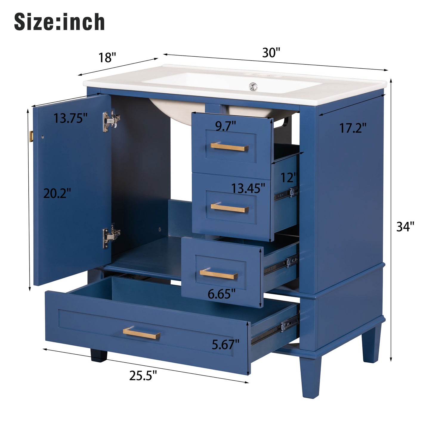 Dexmalle 30-in Blue Freestanding Single Sink Bathroom Vanity With White Ceramic Top and Three Drawers