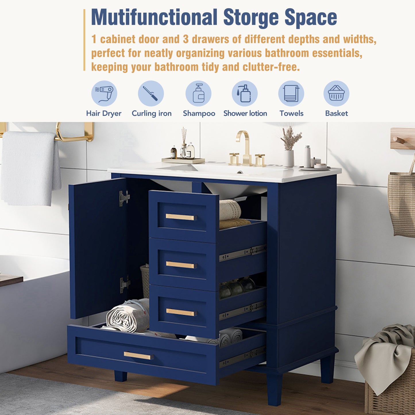 Dexmalle 30-in Blue Freestanding Single Sink Bathroom Vanity With White Ceramic Top and Three Drawers