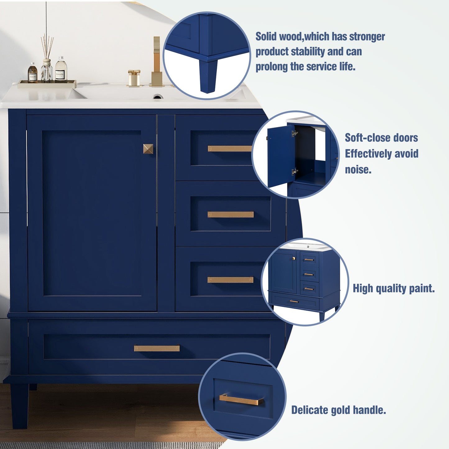 Dexmalle 30-in Blue Freestanding Single Sink Bathroom Vanity With White Ceramic Top and Three Drawers