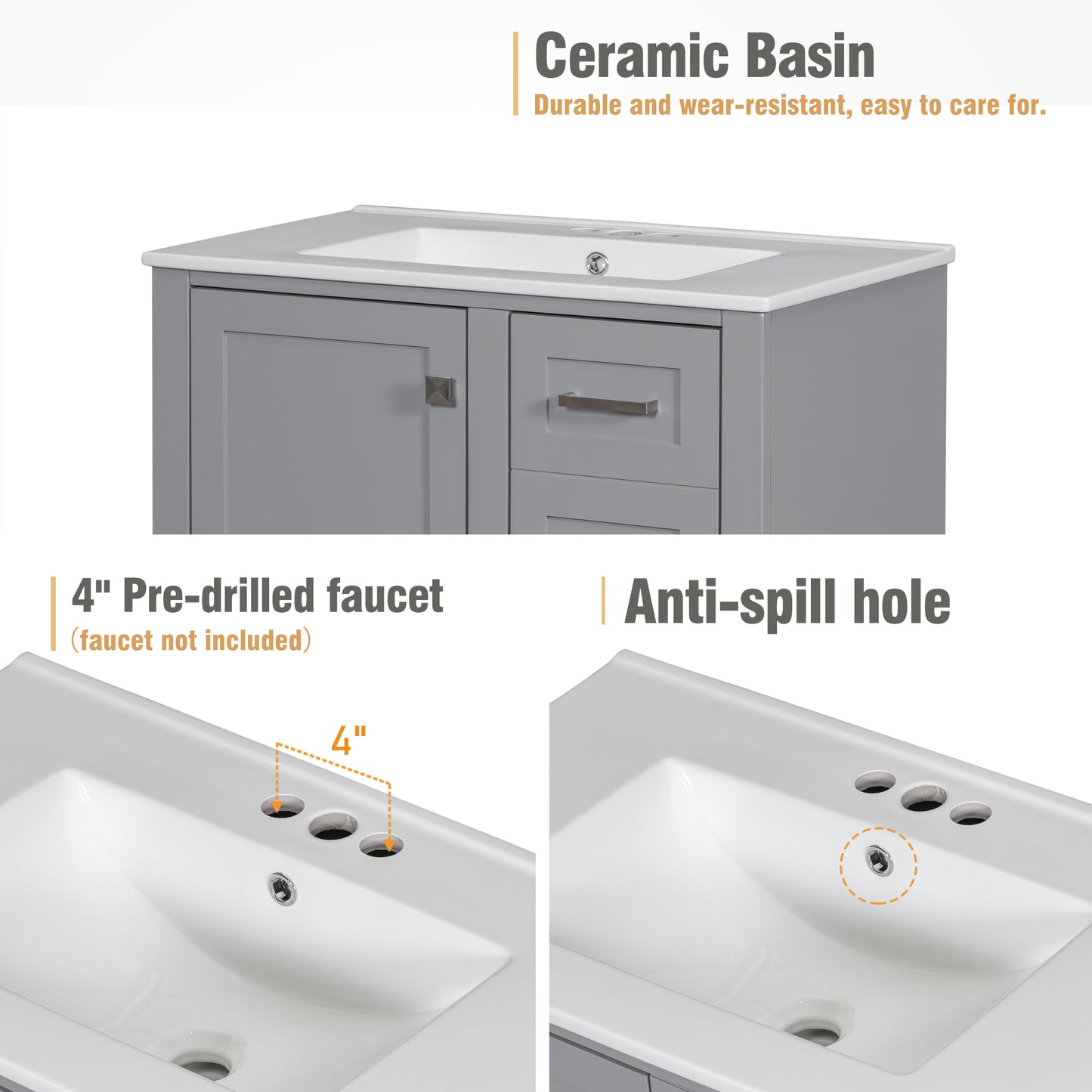 Dexmalle 30-in Gray Freestanding Single Sink Bathroom Vanity With White Ceramic Top and Three Drawers