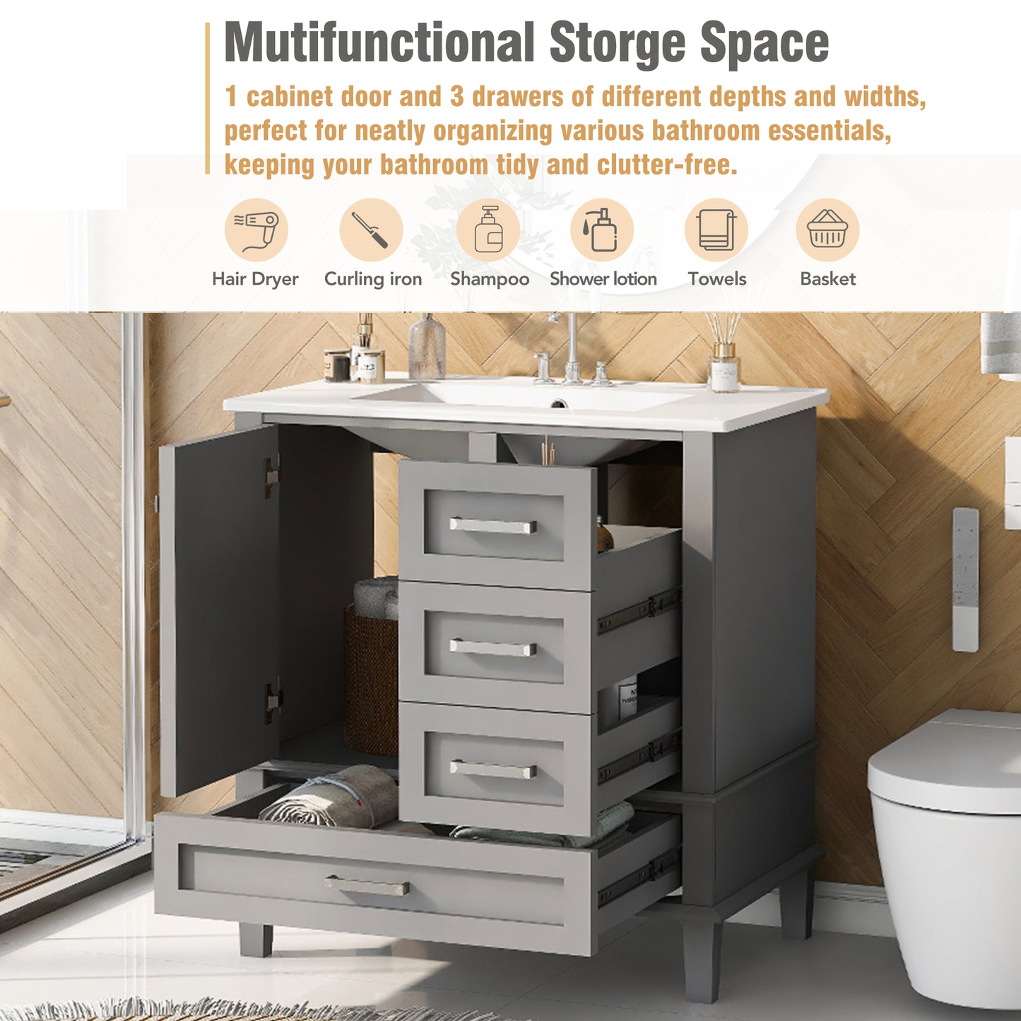 Dexmalle 30-in Gray Freestanding Single Sink Bathroom Vanity With White Ceramic Top and Three Drawers