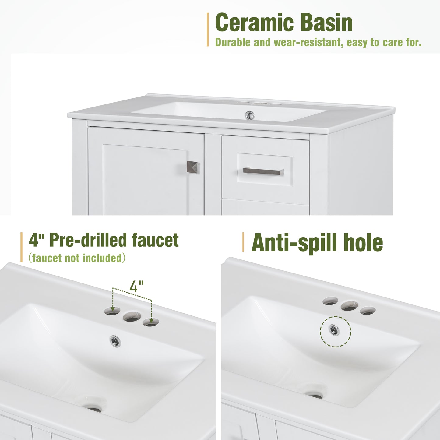Dexmalle 30-in White Freestanding Single Sink Bathroom Vanity With White Ceramic Top and Drawers