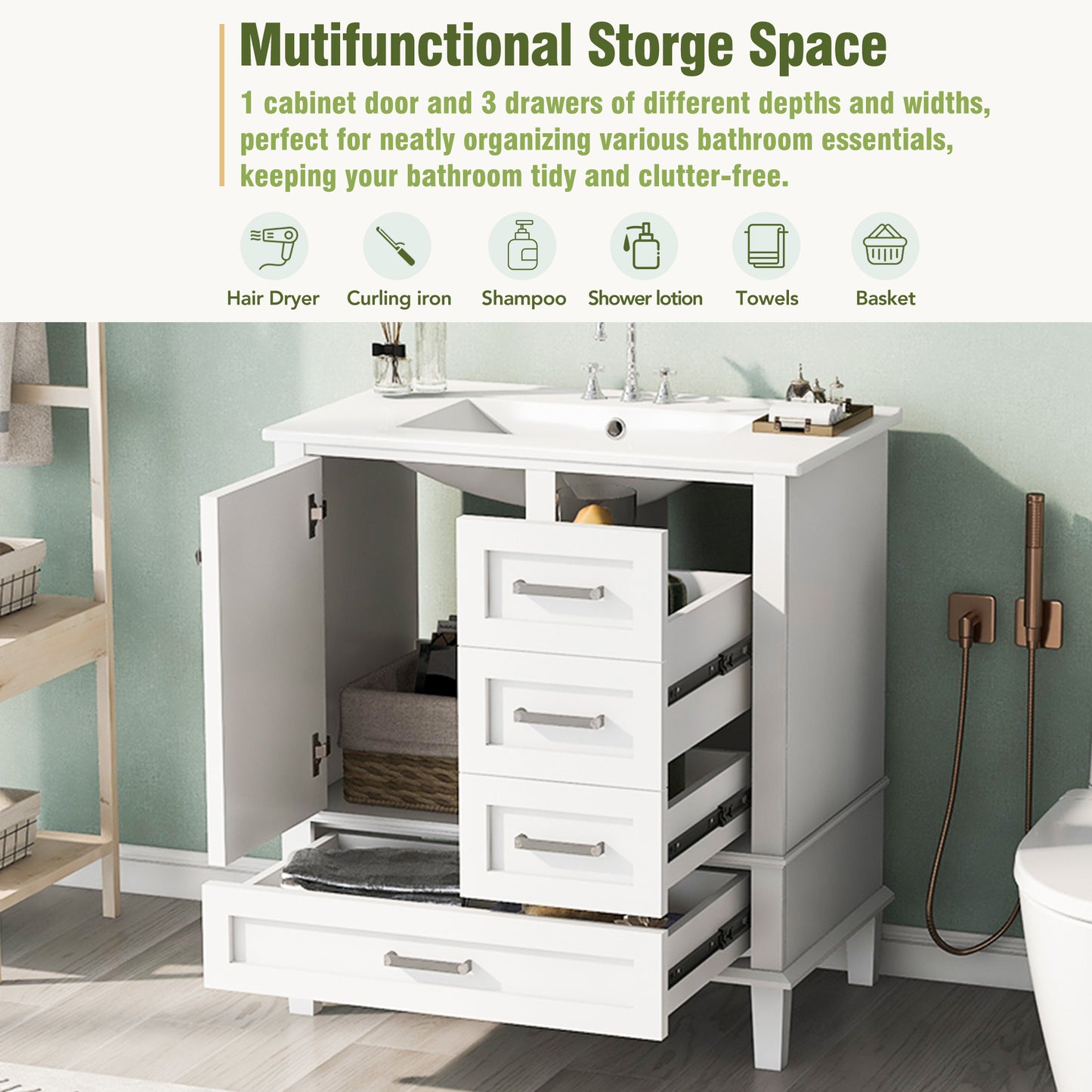 Dexmalle 30-in White Freestanding Single Sink Bathroom Vanity With White Ceramic Top and Drawers