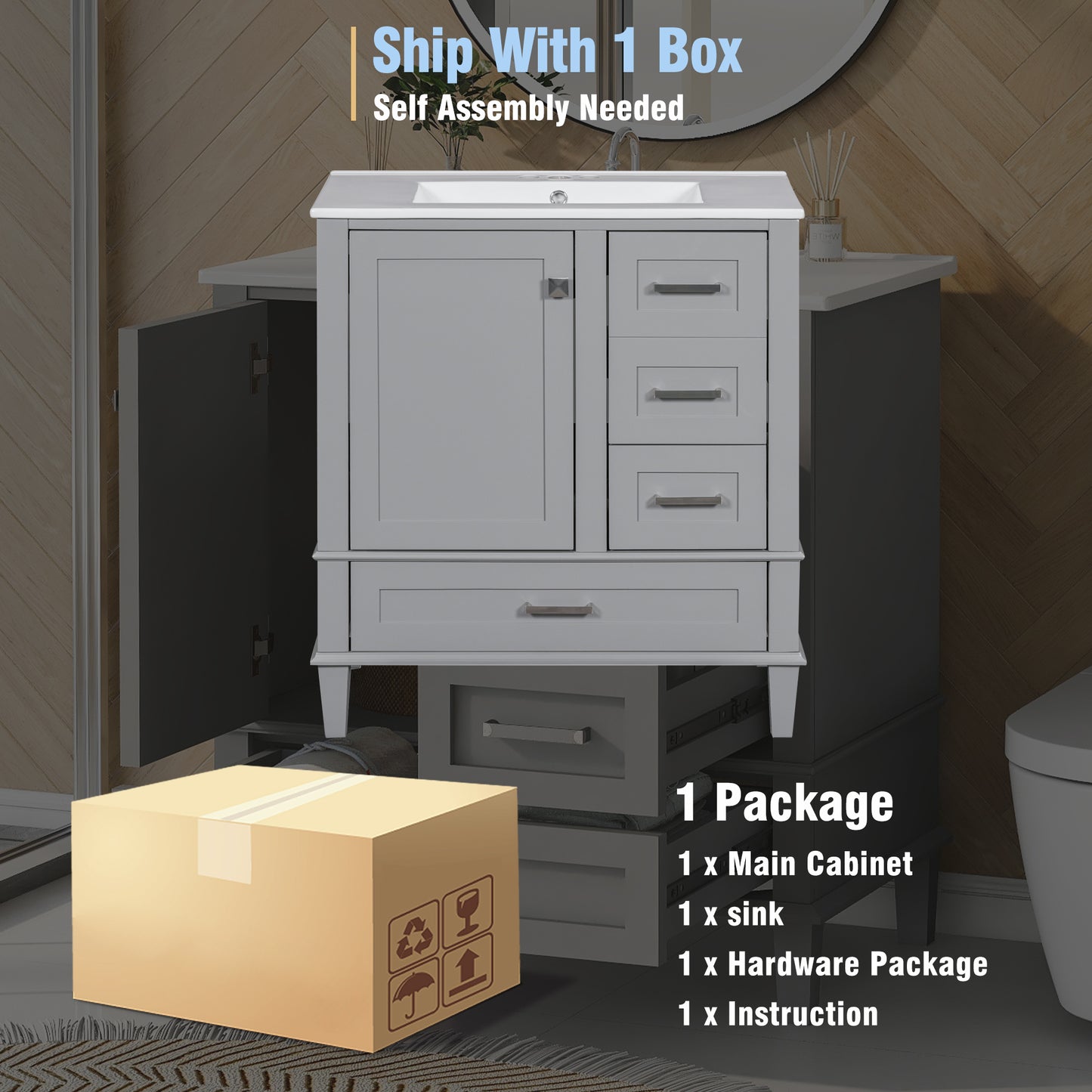 Dexmalle 30-in Gray Freestanding Single Sink Bathroom Vanity With White Ceramic Top and Three Drawers
