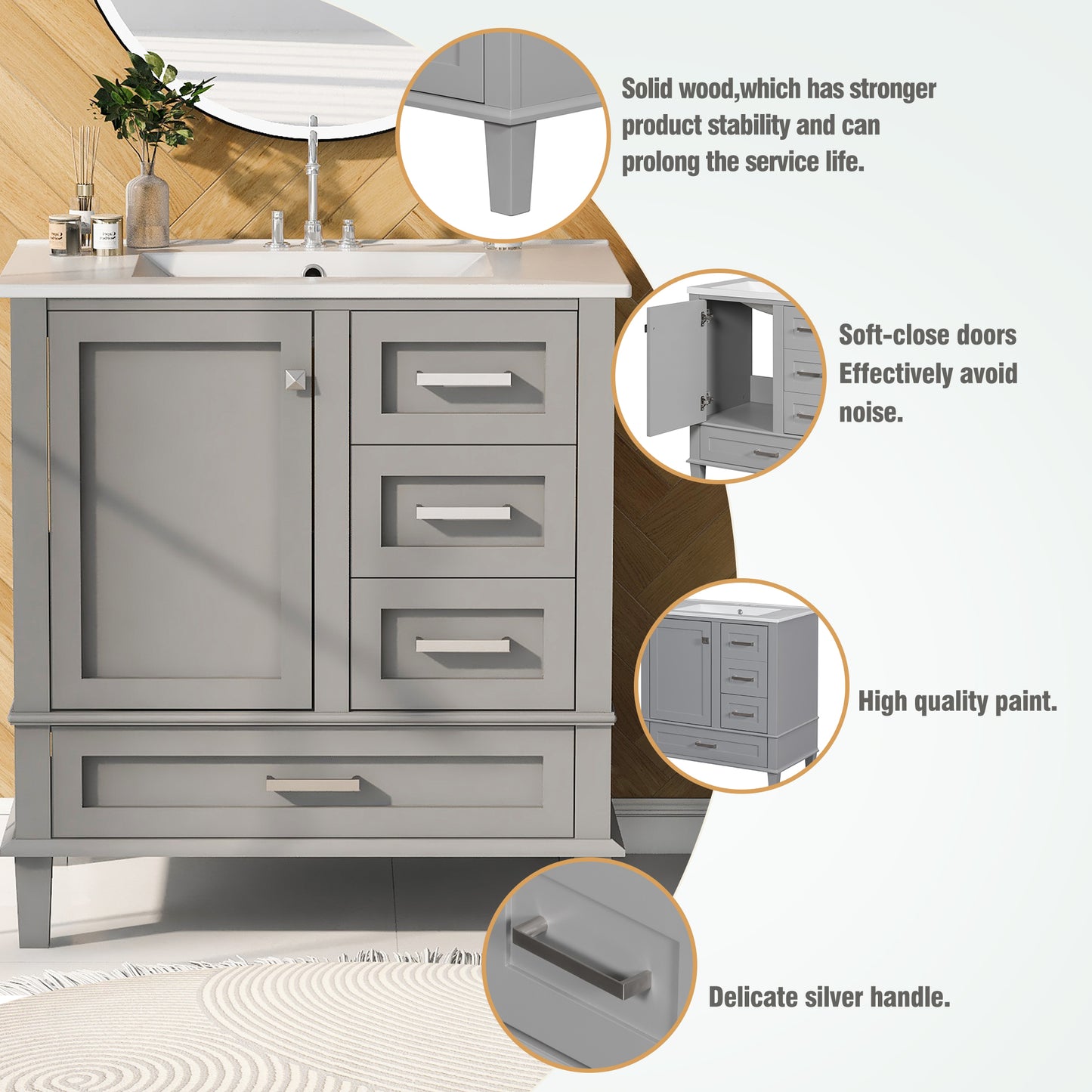 Dexmalle 30-in Gray Freestanding Single Sink Bathroom Vanity With White Ceramic Top and Three Drawers