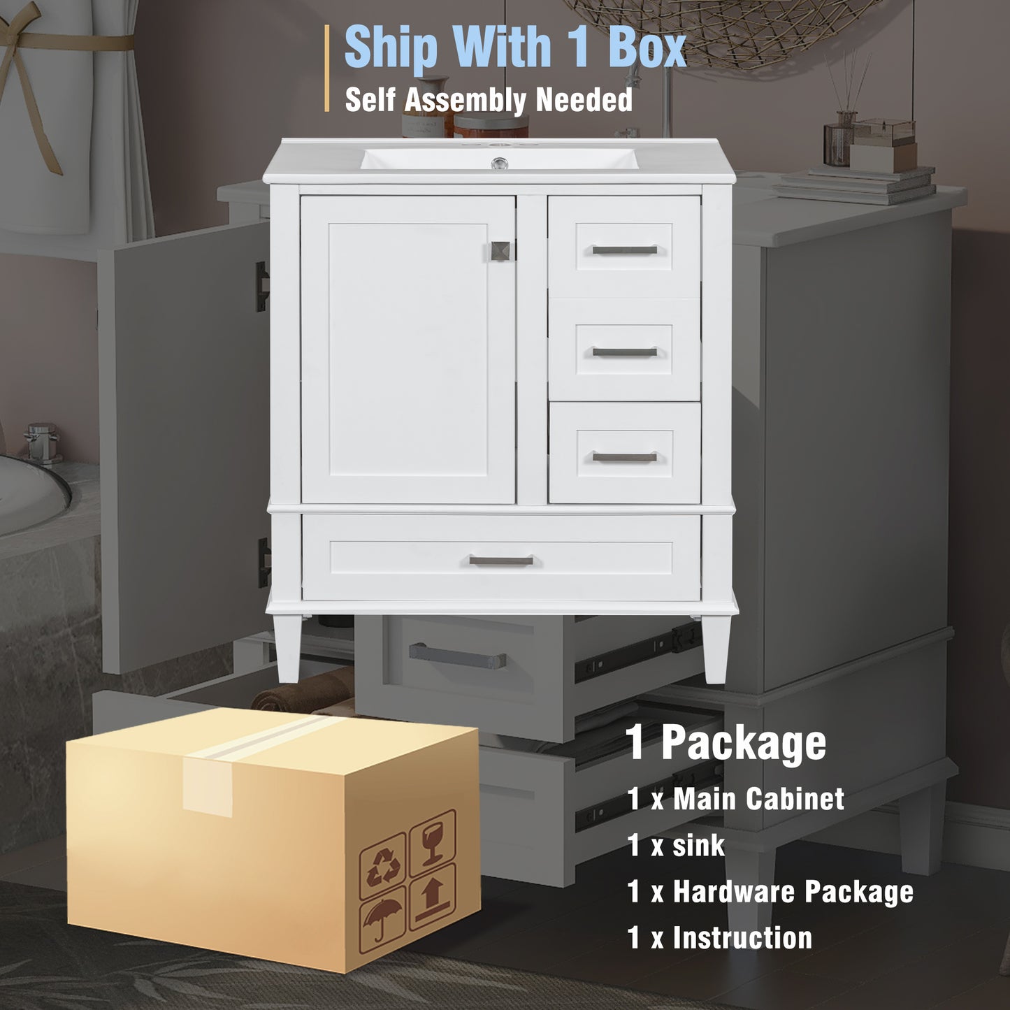 Dexmalle 30-in White Freestanding Single Sink Bathroom Vanity With White Ceramic Top and Drawers