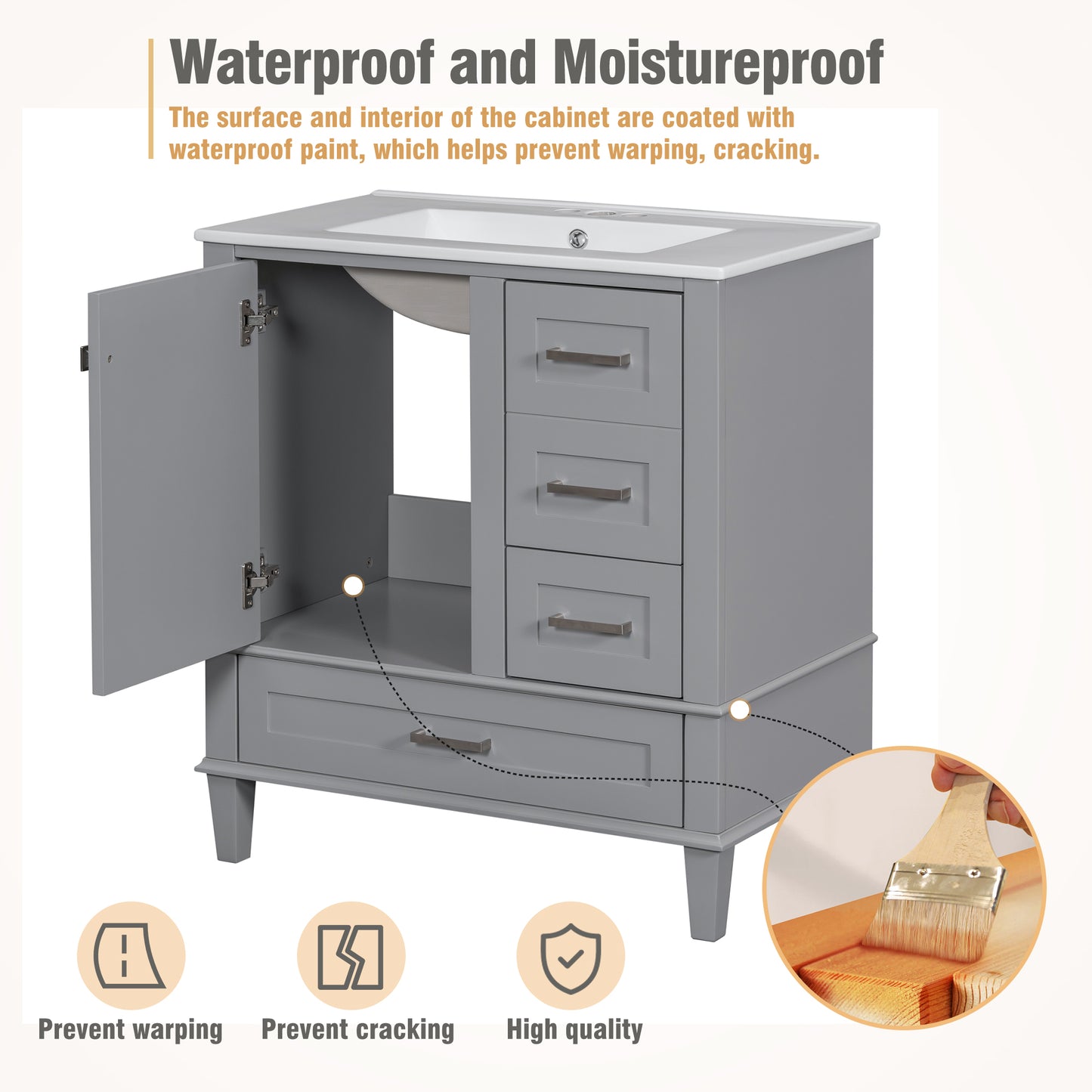Dexmalle 30-in Gray Freestanding Single Sink Bathroom Vanity With White Ceramic Top and Three Drawers