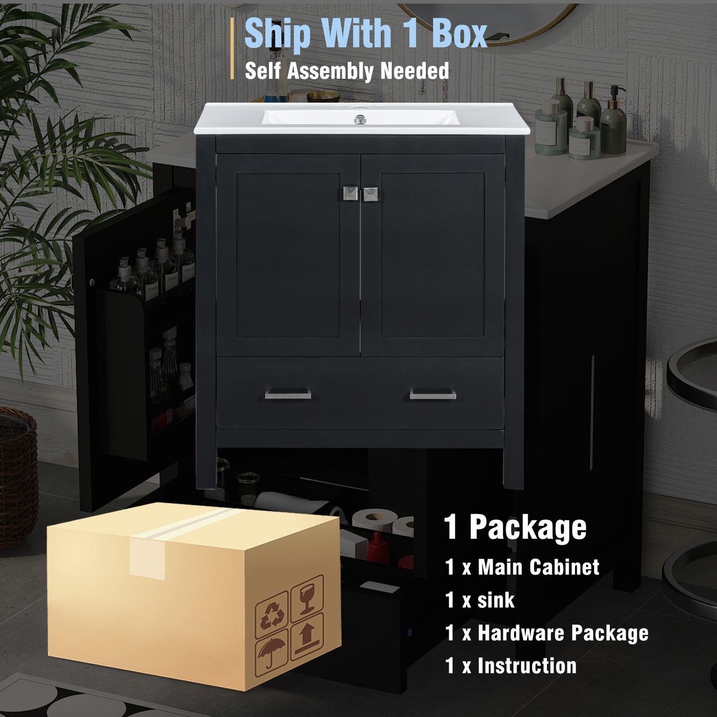 Dexmalle 30-in Black Undermount Single Sink Bathroom Vanity With White Ceramic Top and Drawer