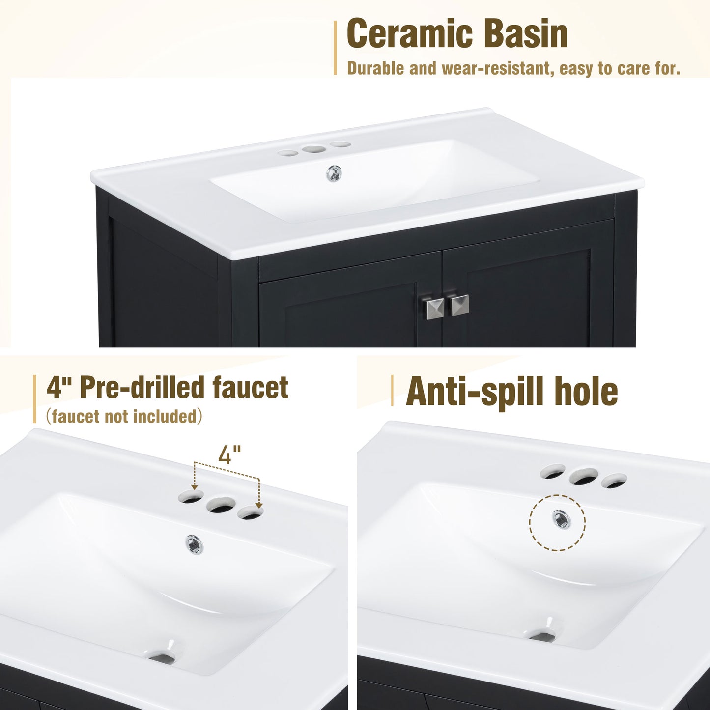 Dexmalle 30-in Black Undermount Single Sink Bathroom Vanity With White Ceramic Top and Drawer