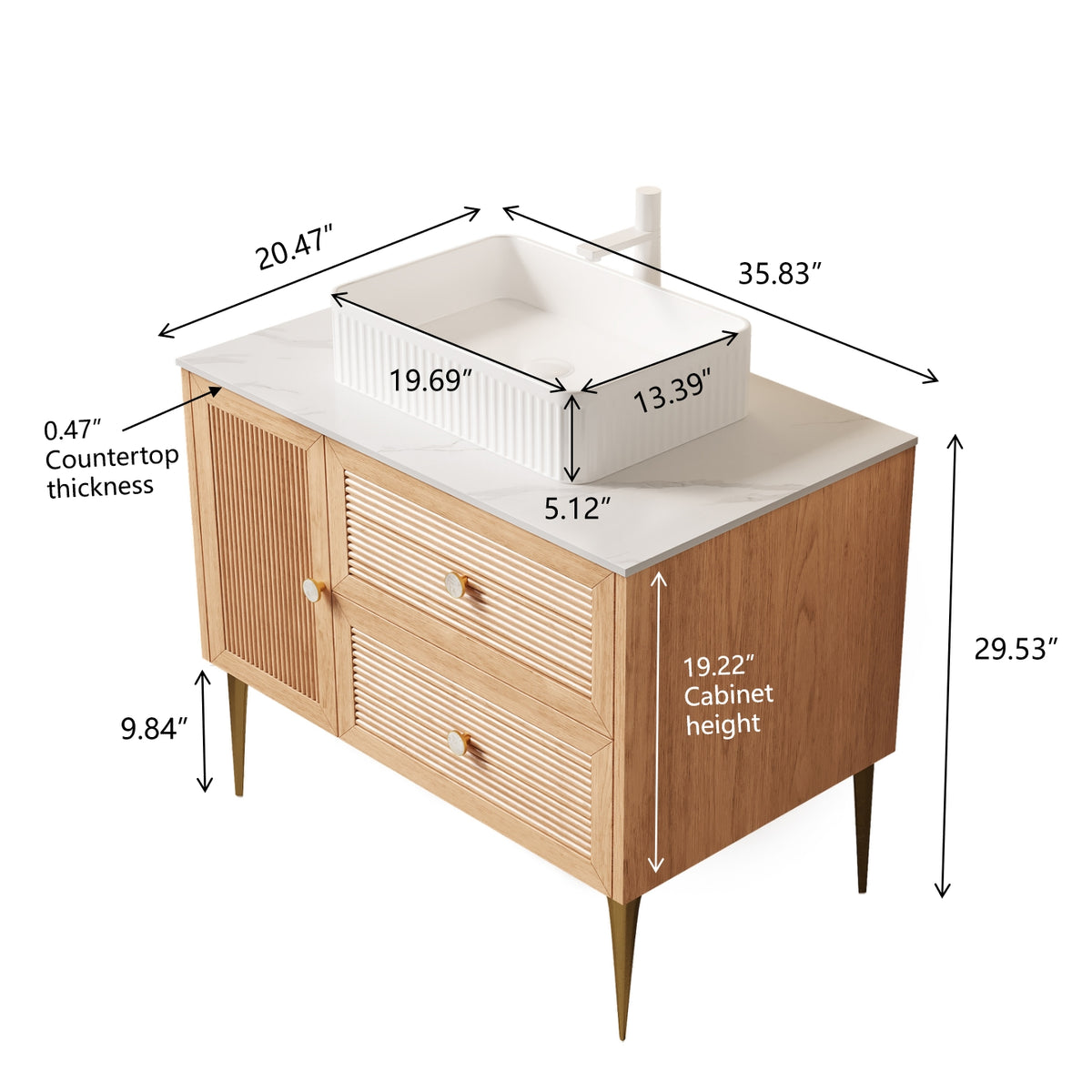 Dexmalle 36" Bathroom Vanity with Sink, Freestanding Plywood Storage Cabinet with 4 Metal Legs, One Door and 2 Drawers