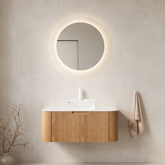 Dexmalle 36" Bathroom Vanity&Sink, Floating Curved Edges Striped Storage Cabinet with Drawer, Transparent Round Glass Basin&Carrara White Sintered Stone Top