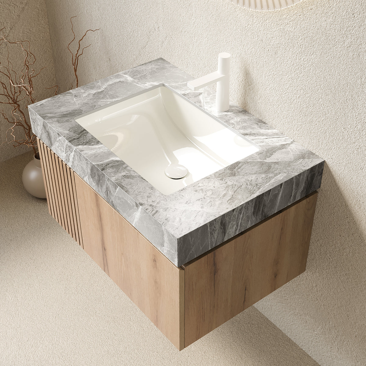 Dexmalle Bathroom Vanity&Sink, Floating Plywood Storage Cabinet with Drawer&Door