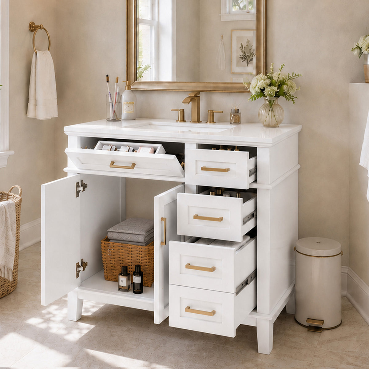 Dexmalle 36" White Modern Bathroom Vanity with Ceramic Sink