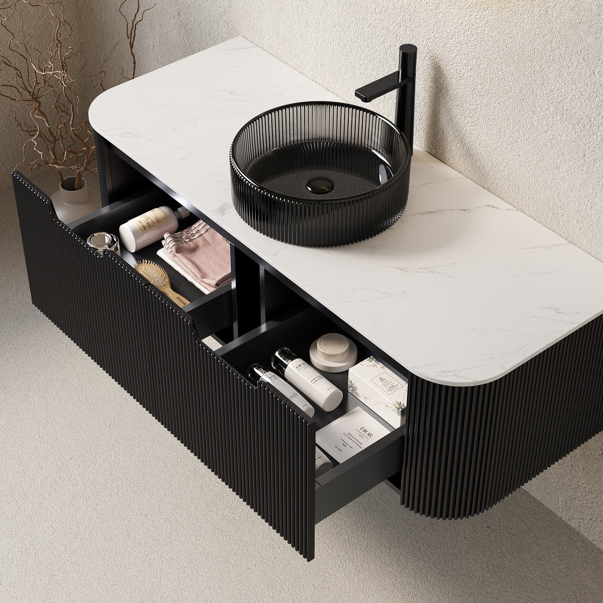Dexmalle 48" Bathroom Vanity&Sink, Floating Curved Edges Striped Plywood Storage Cabinet with 2 Drawers, Transparent Black Round Glass Basin