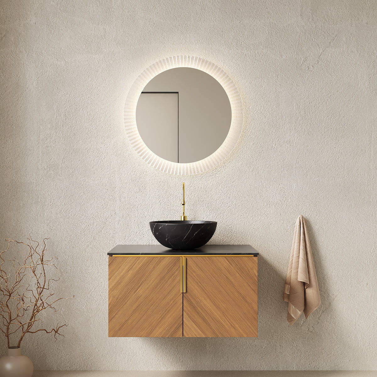 Dexmalle 30" Bathroom Vanity&Sink, Floating Plywood Bathroom Storage Cabinet with 2 Doors, Black Sintered Stone Top